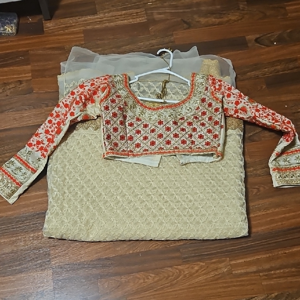 Embroidered Saree With Blouse- Red and Gold
